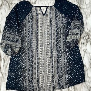 Krazy Kat Blue and White Sheer Patterned Tunic Boho Chic Whimsy Peasant Sleeves